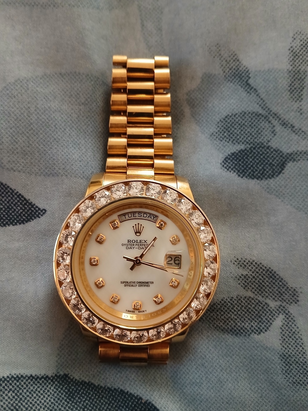 Rolex Gold Tone Men's Watch with White Dial and Crystal Bezel